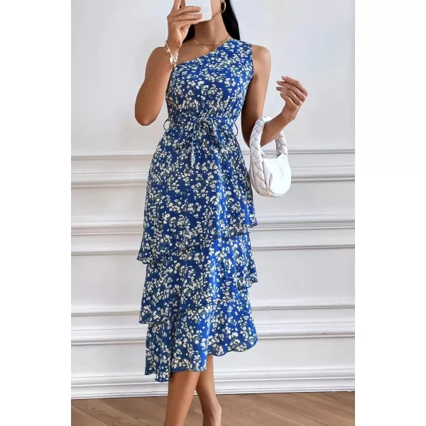 PRETTYGARDEN Womens Summer Floral Sundress Casual One Shoulder Tiered Ruffle Flowy Midi Beach Boho DressesFloral Royal Blue White