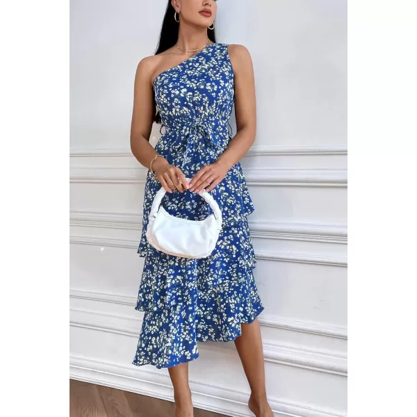 PRETTYGARDEN Womens Summer Floral Sundress Casual One Shoulder Tiered Ruffle Flowy Midi Beach Boho DressesFloral Royal Blue White