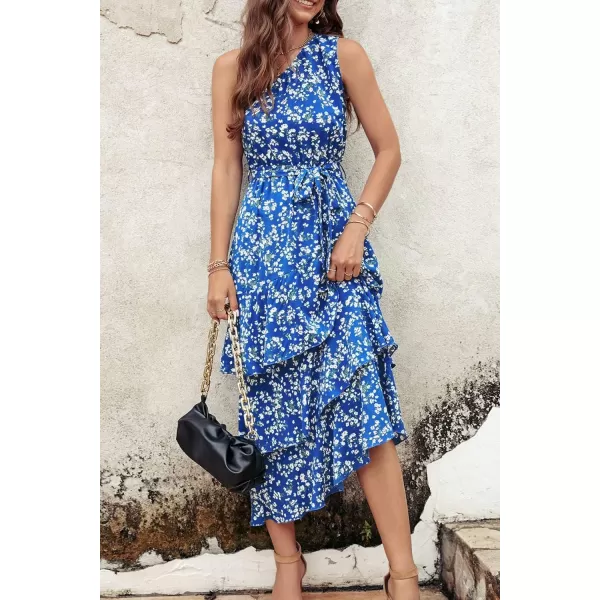 PRETTYGARDEN Womens Summer Floral Sundress Casual One Shoulder Tiered Ruffle Flowy Midi Beach Boho DressesFloral Royal Blue White