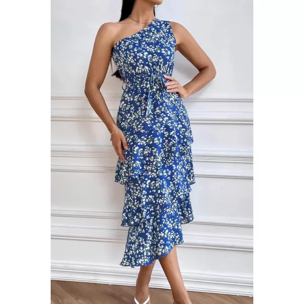 PRETTYGARDEN Womens Summer Floral Sundress Casual One Shoulder Tiered Ruffle Flowy Midi Beach Boho DressesFloral Royal Blue White