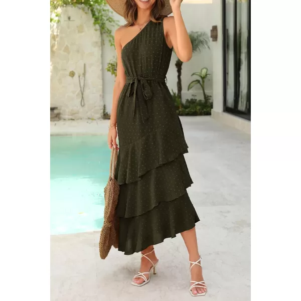 PRETTYGARDEN Womens Summer Floral Sundress Casual One Shoulder Tiered Ruffle Flowy Midi Beach Boho DressesSwiss Dot Army Green