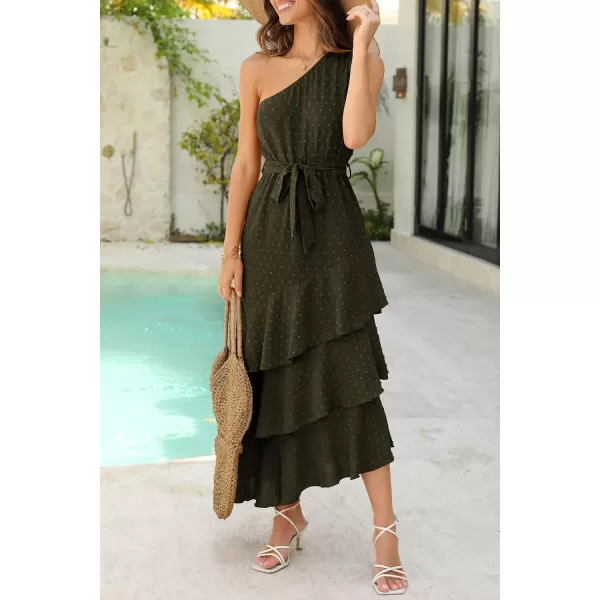 PRETTYGARDEN Womens Summer Floral Sundress Casual One Shoulder Tiered Ruffle Flowy Midi Beach Boho DressesSwiss Dot Army Green