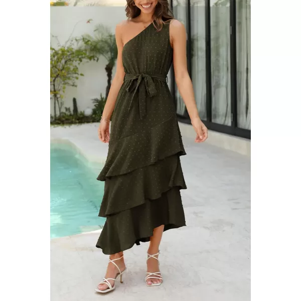 PRETTYGARDEN Womens Summer Floral Sundress Casual One Shoulder Tiered Ruffle Flowy Midi Beach Boho DressesSwiss Dot Army Green