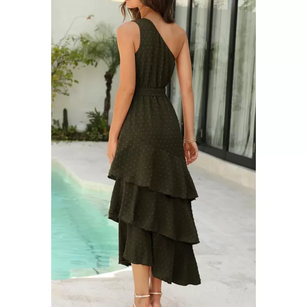 PRETTYGARDEN Womens Summer Floral Sundress Casual One Shoulder Tiered Ruffle Flowy Midi Beach Boho DressesSwiss Dot Army Green