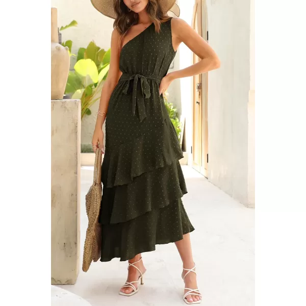 PRETTYGARDEN Womens Summer Floral Sundress Casual One Shoulder Tiered Ruffle Flowy Midi Beach Boho DressesSwiss Dot Army Green