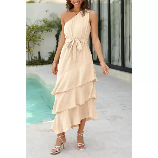 PRETTYGARDEN Womens Summer Floral Sundress Casual One Shoulder Tiered Ruffle Flowy Midi Beach Boho DressesSwiss Dot Beige
