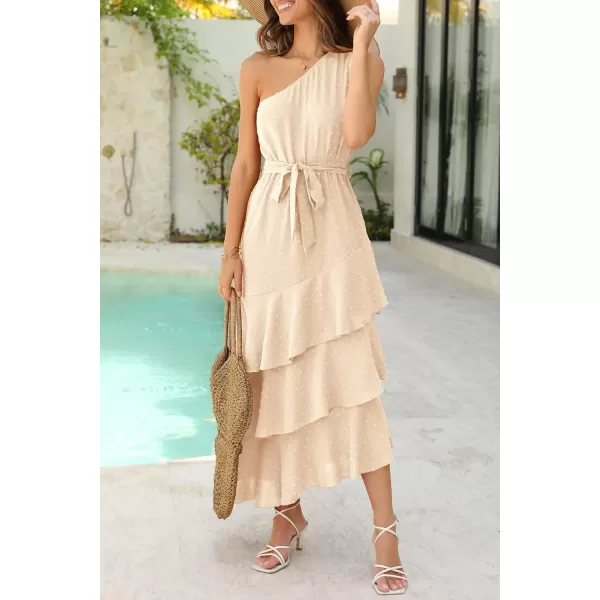 PRETTYGARDEN Womens Summer Floral Sundress Casual One Shoulder Tiered Ruffle Flowy Midi Beach Boho DressesSwiss Dot Beige