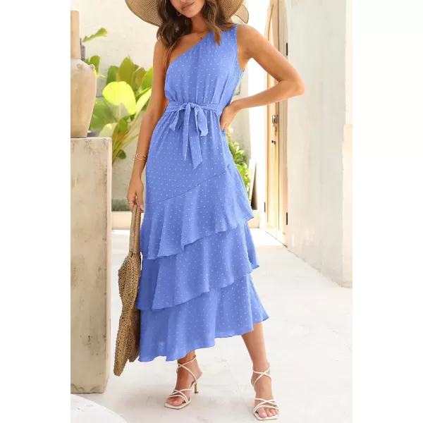PRETTYGARDEN Womens Summer Floral Sundress Casual One Shoulder Tiered Ruffle Flowy Midi Beach Boho DressesSwiss Dot Blue