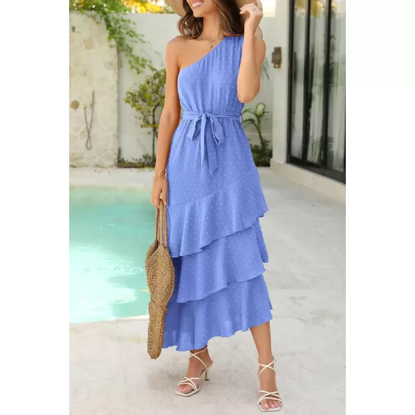 PRETTYGARDEN Womens Summer Floral Sundress Casual One Shoulder Tiered Ruffle Flowy Midi Beach Boho DressesSwiss Dot Blue