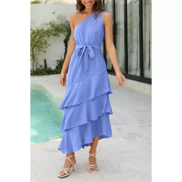 PRETTYGARDEN Womens Summer Floral Sundress Casual One Shoulder Tiered Ruffle Flowy Midi Beach Boho DressesSwiss Dot Blue