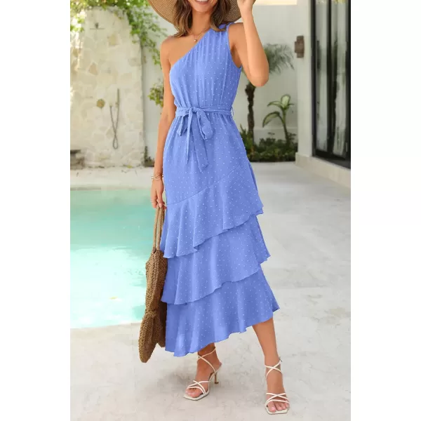 PRETTYGARDEN Womens Summer Floral Sundress Casual One Shoulder Tiered Ruffle Flowy Midi Beach Boho DressesSwiss Dot Blue
