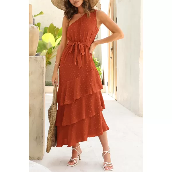 PRETTYGARDEN Womens Summer Floral Sundress Casual One Shoulder Tiered Ruffle Flowy Midi Beach Boho DressesSwiss Dot Brick Red