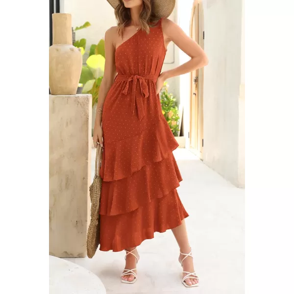 PRETTYGARDEN Womens Summer Floral Sundress Casual One Shoulder Tiered Ruffle Flowy Midi Beach Boho DressesSwiss Dot Brick Red