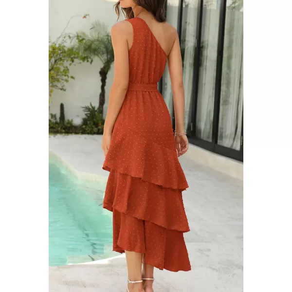 PRETTYGARDEN Womens Summer Floral Sundress Casual One Shoulder Tiered Ruffle Flowy Midi Beach Boho DressesSwiss Dot Brick Red