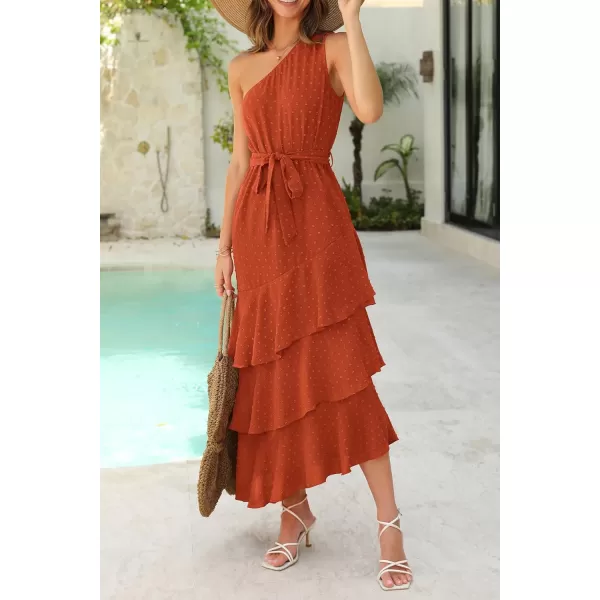 PRETTYGARDEN Womens Summer Floral Sundress Casual One Shoulder Tiered Ruffle Flowy Midi Beach Boho DressesSwiss Dot Brick Red
