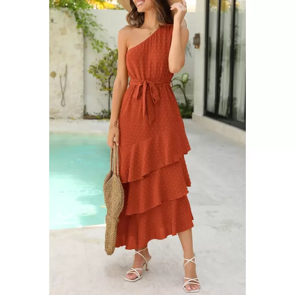 PRETTYGARDEN Womens Summer Floral Sundress Casual One Shoulder Tiered Ruffle Flowy Midi Beach Boho DressesSwiss Dot Brick Red