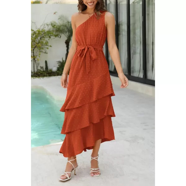 PRETTYGARDEN Womens Summer Floral Sundress Casual One Shoulder Tiered Ruffle Flowy Midi Beach Boho DressesSwiss Dot Brick Red