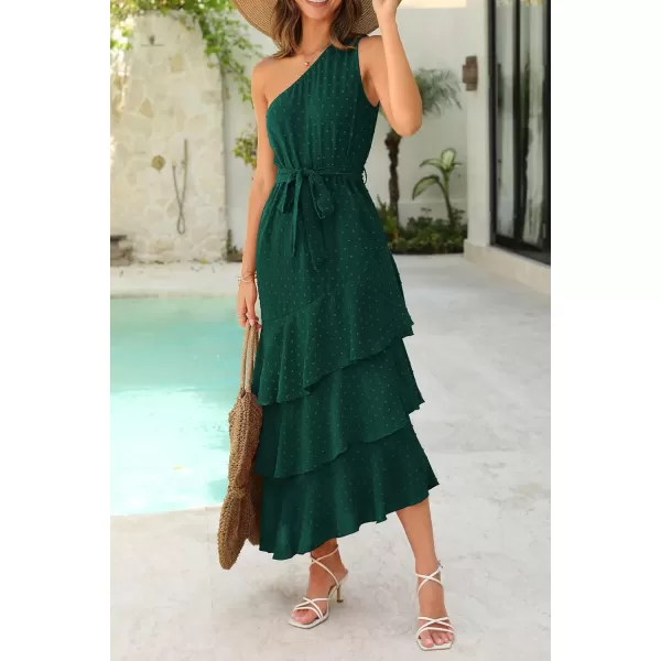 PRETTYGARDEN Womens Summer Floral Sundress Casual One Shoulder Tiered Ruffle Flowy Midi Beach Boho DressesSwiss Dot Dark Green