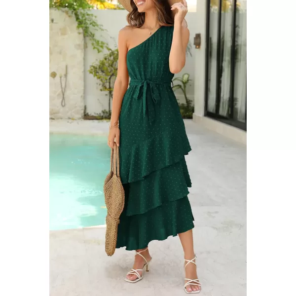 PRETTYGARDEN Womens Summer Floral Sundress Casual One Shoulder Tiered Ruffle Flowy Midi Beach Boho DressesSwiss Dot Dark Green