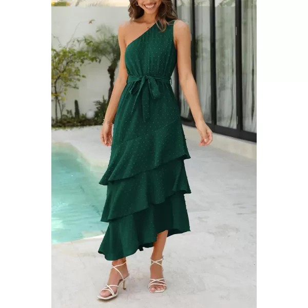 PRETTYGARDEN Womens Summer Floral Sundress Casual One Shoulder Tiered Ruffle Flowy Midi Beach Boho DressesSwiss Dot Dark Green