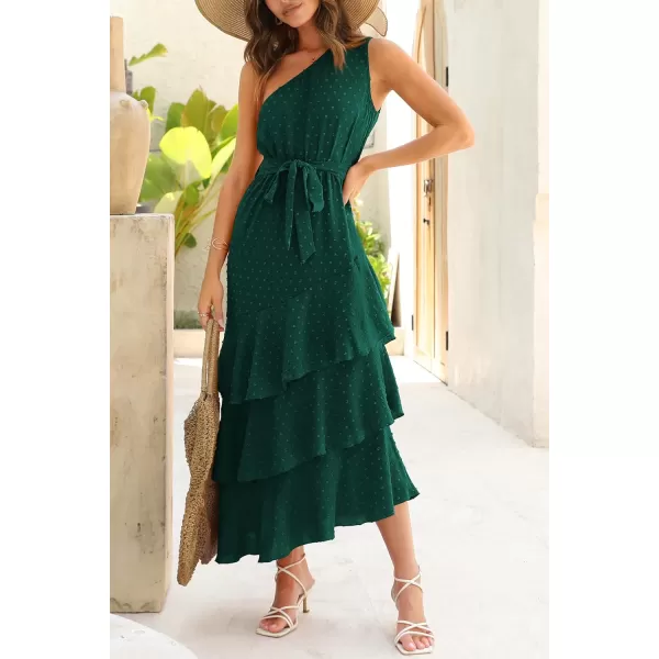 PRETTYGARDEN Womens Summer Floral Sundress Casual One Shoulder Tiered Ruffle Flowy Midi Beach Boho DressesSwiss Dot Dark Green