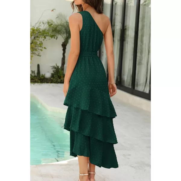 PRETTYGARDEN Womens Summer Floral Sundress Casual One Shoulder Tiered Ruffle Flowy Midi Beach Boho DressesSwiss Dot Dark Green