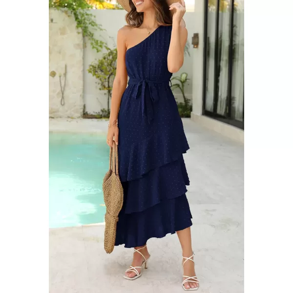 PRETTYGARDEN Womens Summer Floral Sundress Casual One Shoulder Tiered Ruffle Flowy Midi Beach Boho DressesSwiss Dot Navy