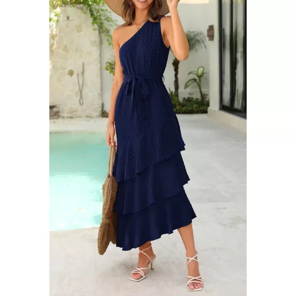 PRETTYGARDEN Womens Summer Floral Sundress Casual One Shoulder Tiered Ruffle Flowy Midi Beach Boho DressesSwiss Dot Navy
