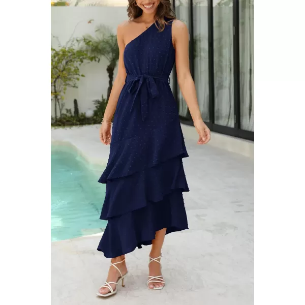 PRETTYGARDEN Womens Summer Floral Sundress Casual One Shoulder Tiered Ruffle Flowy Midi Beach Boho DressesSwiss Dot Navy