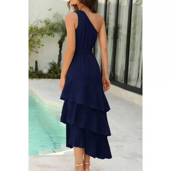 PRETTYGARDEN Womens Summer Floral Sundress Casual One Shoulder Tiered Ruffle Flowy Midi Beach Boho DressesSwiss Dot Navy