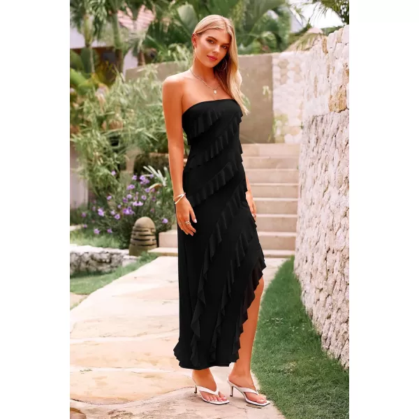 PRETTYGARDEN Womens Summer Long Formal Cocktail Dress Strapless Tube Asymmetrical Ruffle Maxi Bodycon DressesBlack