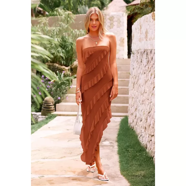 PRETTYGARDEN Womens Summer Long Formal Cocktail Dress Strapless Tube Asymmetrical Ruffle Maxi Bodycon DressesCaramel