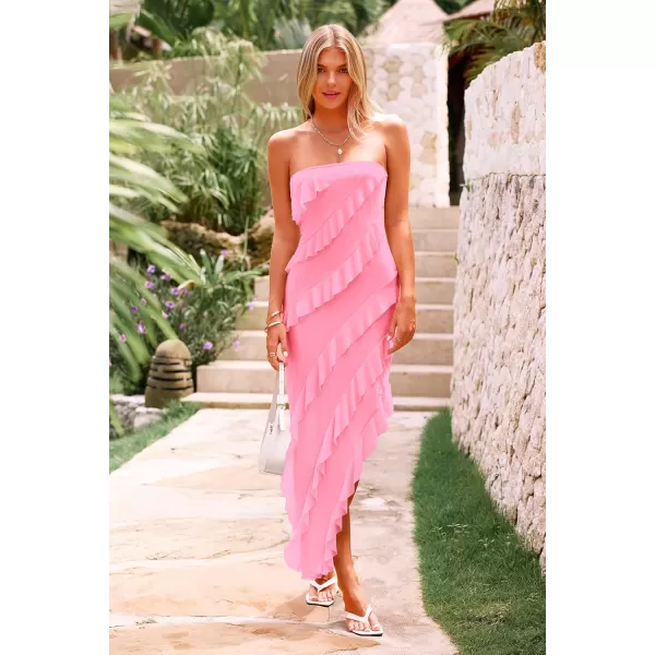 PRETTYGARDEN Womens Summer Long Formal Cocktail Dress Strapless Tube Asymmetrical Ruffle Maxi Bodycon DressesLight Pink