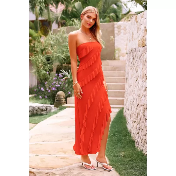 PRETTYGARDEN Womens Summer Long Formal Cocktail Dress Strapless Tube Asymmetrical Ruffle Maxi Bodycon DressesOrange