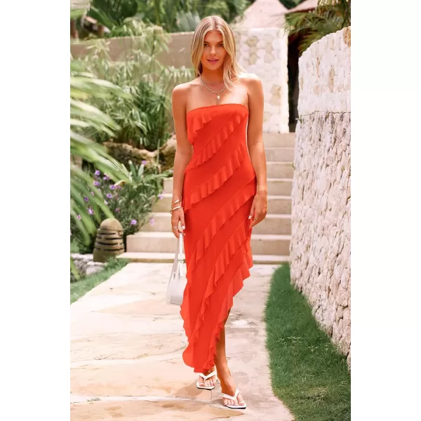 PRETTYGARDEN Womens Summer Long Formal Cocktail Dress Strapless Tube Asymmetrical Ruffle Maxi Bodycon DressesOrange