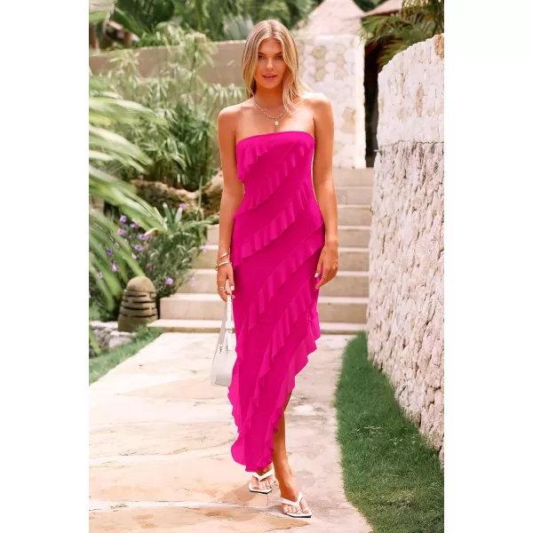 PRETTYGARDEN Womens Summer Long Formal Cocktail Dress Strapless Tube Asymmetrical Ruffle Maxi Bodycon DressesRose Red