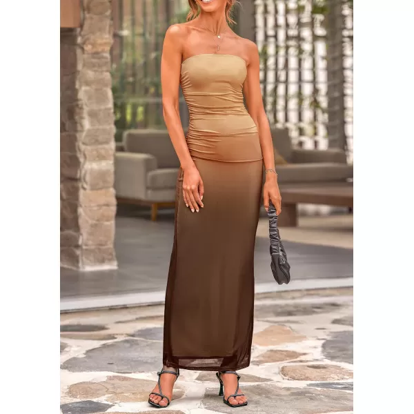 PRETTYGARDEN Womens Summer Maxi Bodycon Dresses Strapless Tube Top Printed Long Party Club Slit DressGradient Apricot Brown