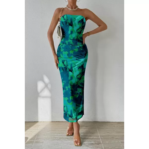 PRETTYGARDEN Womens Summer Maxi Bodycon Dresses Strapless Tube Top Printed Long Party Club Slit DressGreen Big Floral