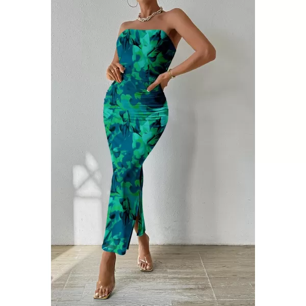 PRETTYGARDEN Womens Summer Maxi Bodycon Dresses Strapless Tube Top Printed Long Party Club Slit DressGreen Big Floral