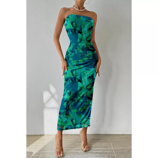 PRETTYGARDEN Womens Summer Maxi Bodycon Dresses Strapless Tube Top Printed Long Party Club Slit DressGreen Big Floral