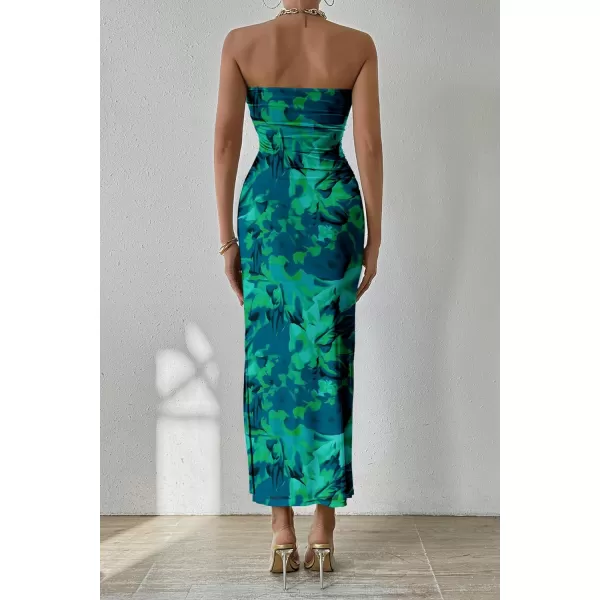 PRETTYGARDEN Womens Summer Maxi Bodycon Dresses Strapless Tube Top Printed Long Party Club Slit DressGreen Big Floral