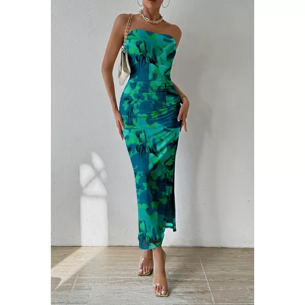 PRETTYGARDEN Womens Summer Maxi Bodycon Dresses Strapless Tube Top Printed Long Party Club Slit DressGreen Big Floral