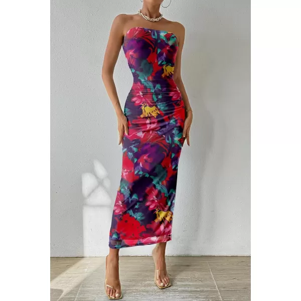 PRETTYGARDEN Womens Summer Maxi Bodycon Dresses Strapless Tube Top Printed Long Party Club Slit DressNavy Red Big Floral