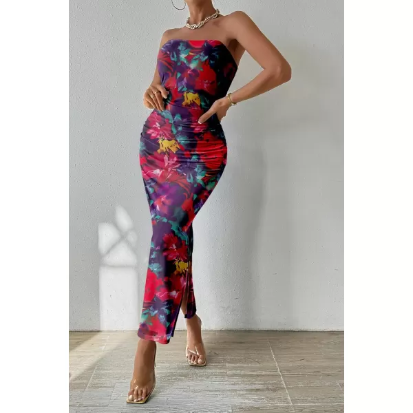 PRETTYGARDEN Womens Summer Maxi Bodycon Dresses Strapless Tube Top Printed Long Party Club Slit DressNavy Red Big Floral