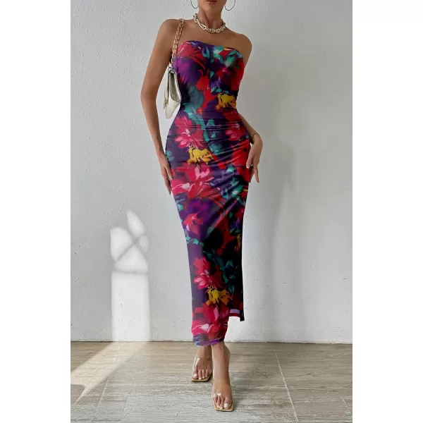 PRETTYGARDEN Womens Summer Maxi Bodycon Dresses Strapless Tube Top Printed Long Party Club Slit DressNavy Red Big Floral