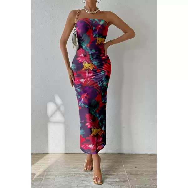 PRETTYGARDEN Womens Summer Maxi Bodycon Dresses Strapless Tube Top Printed Long Party Club Slit DressNavy Red Big Floral