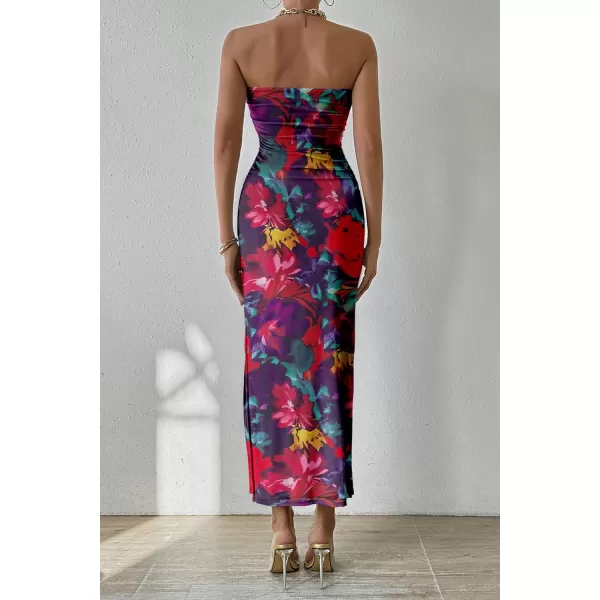 PRETTYGARDEN Womens Summer Maxi Bodycon Dresses Strapless Tube Top Printed Long Party Club Slit DressNavy Red Big Floral