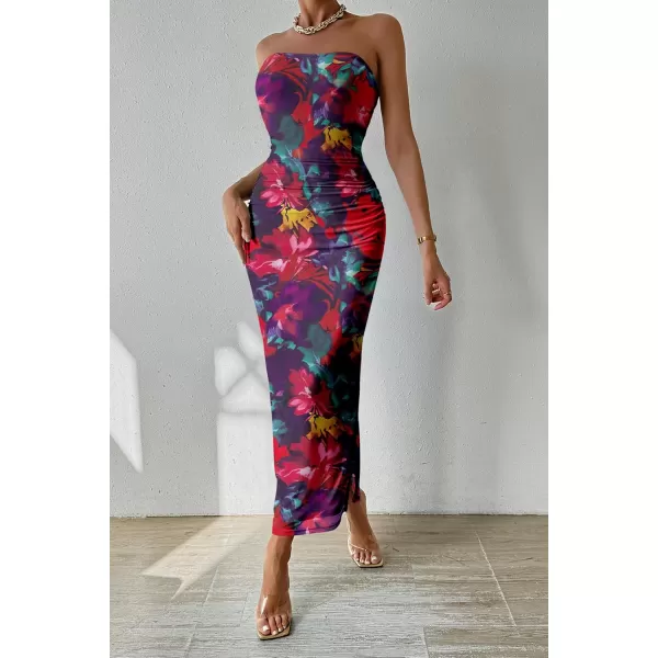 PRETTYGARDEN Womens Summer Maxi Bodycon Dresses Strapless Tube Top Printed Long Party Club Slit DressNavy Red Big Floral