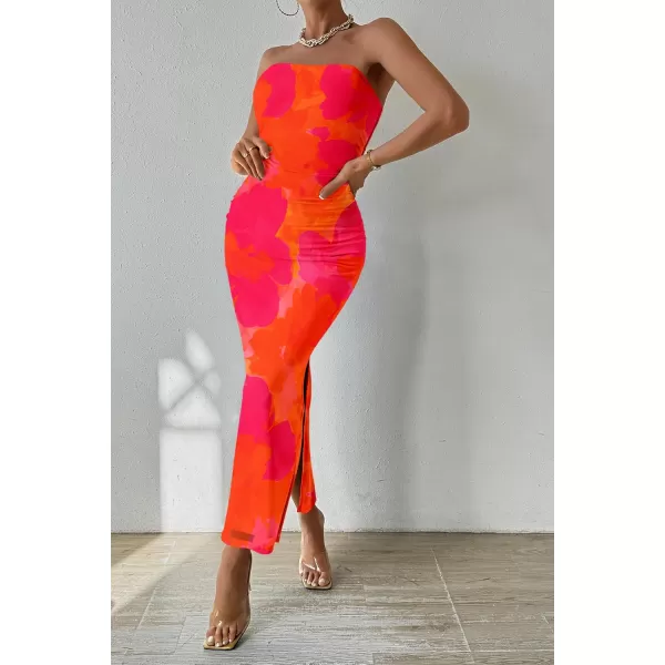 PRETTYGARDEN Womens Summer Maxi Bodycon Dresses Strapless Tube Top Printed Long Party Club Slit DressOrange Red Big Floral