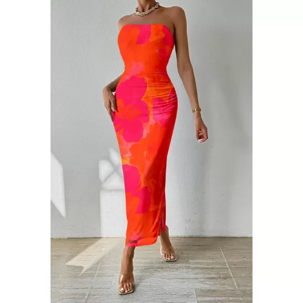 PRETTYGARDEN Womens Summer Maxi Bodycon Dresses Strapless Tube Top Printed Long Party Club Slit DressOrange Red Big Floral